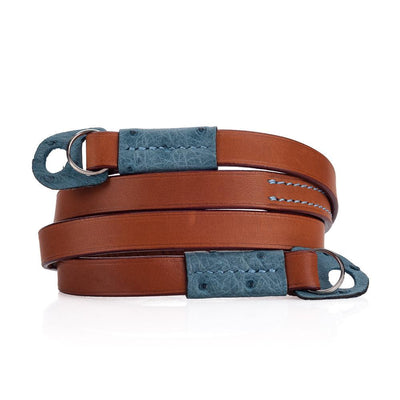 Arte di Mano Comodo Neck Strap - Barenia Tan with Ostrich Sky Blue Accents