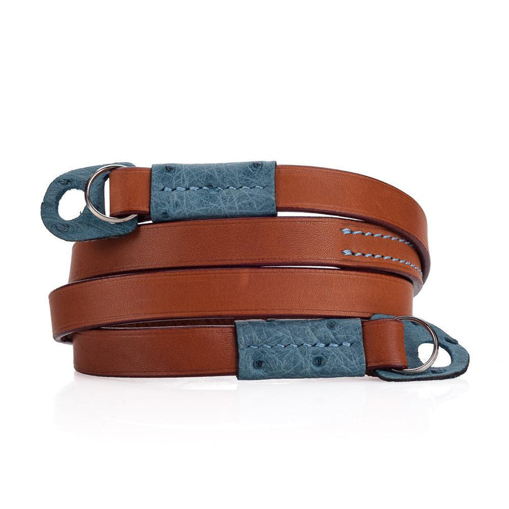 Arte di Mano Comodo Neck Strap - Barenia Tan with Ostrich Sky Blue Accents
