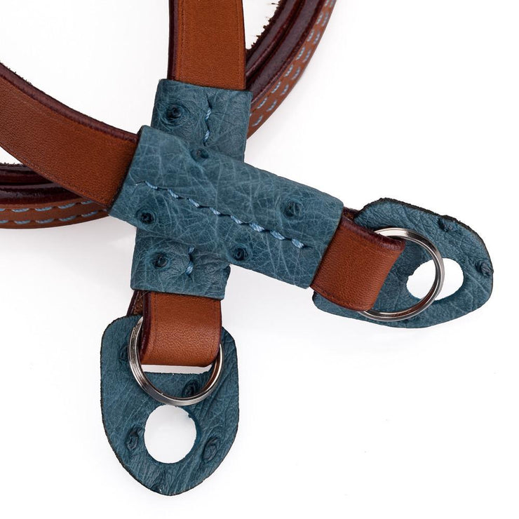 Arte di Mano Comodo Neck Strap - Barenia Tan with Ostrich Sky Blue Accents