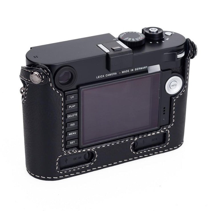 Arte di Mano Half Case for Leica M/M-P (Typ 240) for Multifunction Handgrip with Fingerloop Cutout - Minerva Black with White Stitching